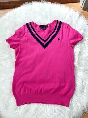 Ralph Lauren Sport V-Neck Pima Cotton Short Sleeve Sweater with Navy Trim